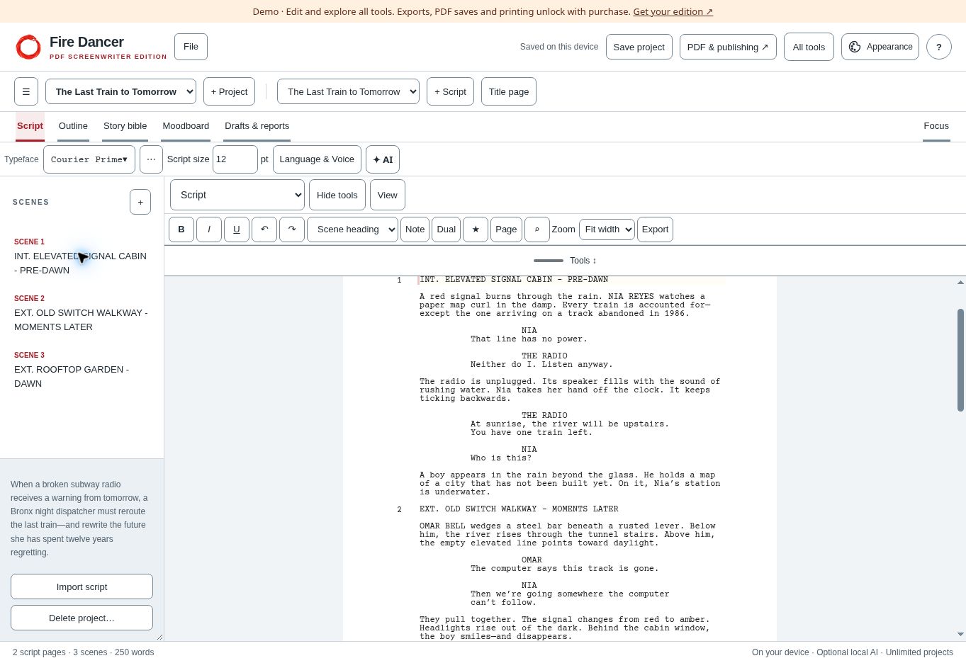 The Last Train to Tomorrow, written in the actual Screenwriter script editor